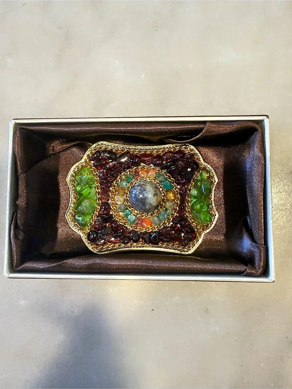 Vintage Garnet, Peridot & Baroque Gems Brass Belt Buckle